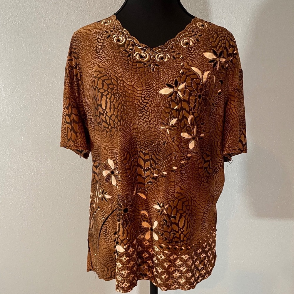 RUNS SMALL T-C Fashion XXXL Brown Animal‎ Print Floral Embellished V-Neck  Top